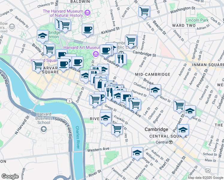 map of restaurants, bars, coffee shops, grocery stores, and more near 12 Trowbridge Street in Cambridge