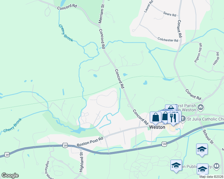 map of restaurants, bars, coffee shops, grocery stores, and more near 25 Jericho Road in Weston