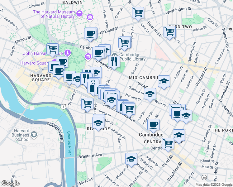 map of restaurants, bars, coffee shops, grocery stores, and more near 11H Dana Place in Cambridge