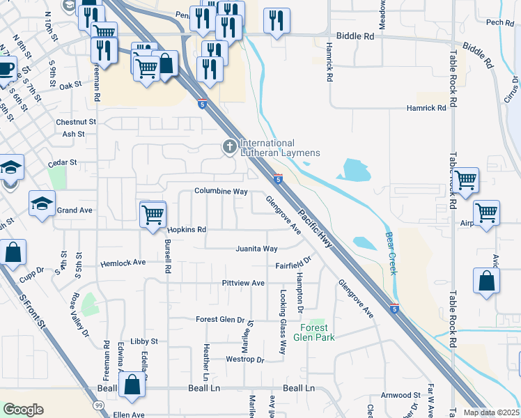 map of restaurants, bars, coffee shops, grocery stores, and more near 929 Brandi Way in Central Point