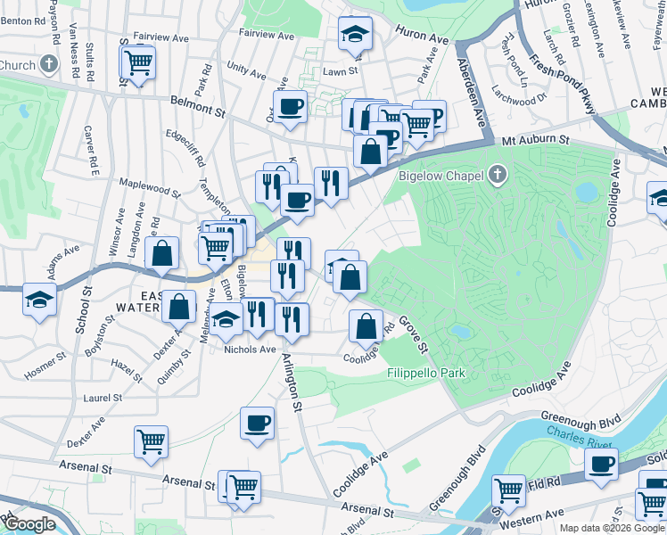 map of restaurants, bars, coffee shops, grocery stores, and more near 64 Grove Street in Watertown
