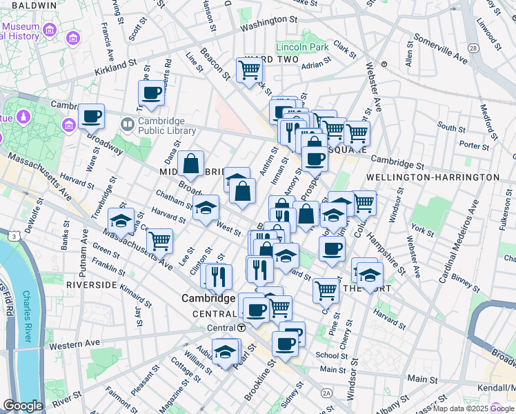 map of restaurants, bars, coffee shops, grocery stores, and more near 345 Broadway in Cambridge
