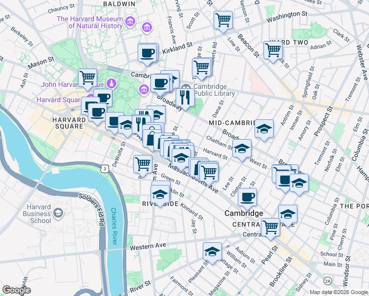 map of restaurants, bars, coffee shops, grocery stores, and more near 11H Dana Place in Cambridge