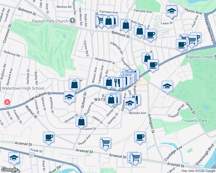 map of restaurants, bars, coffee shops, grocery stores, and more near in Watertown