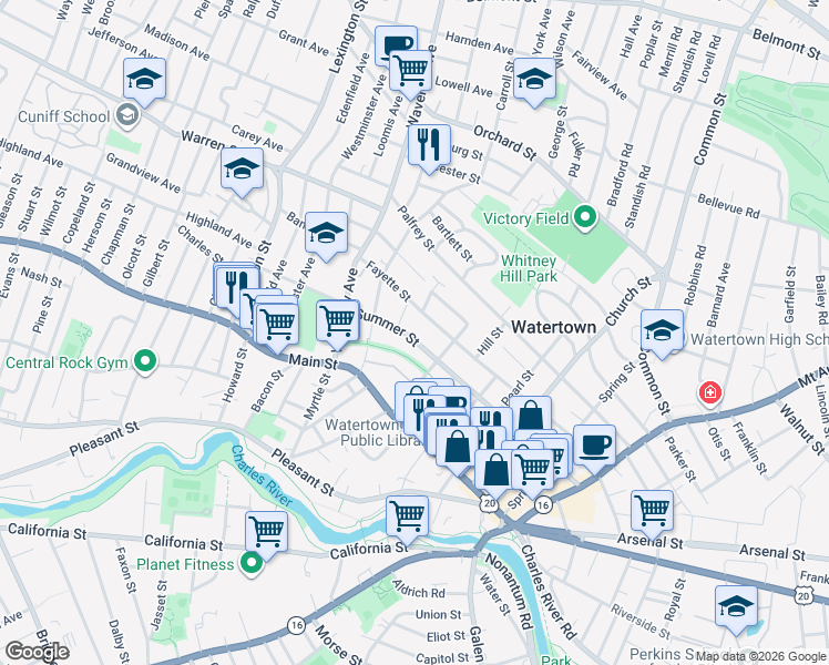 map of restaurants, bars, coffee shops, grocery stores, and more near 187 Summer Street in Watertown