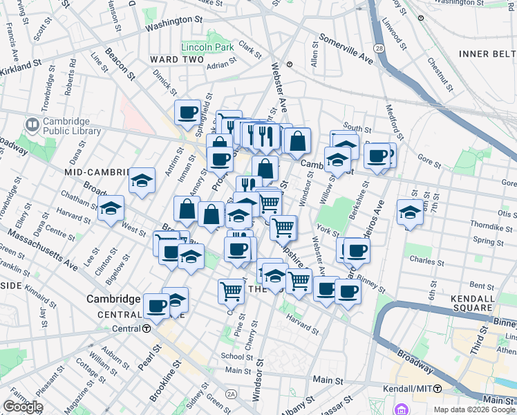 map of restaurants, bars, coffee shops, grocery stores, and more near Elm Street in Cambridge