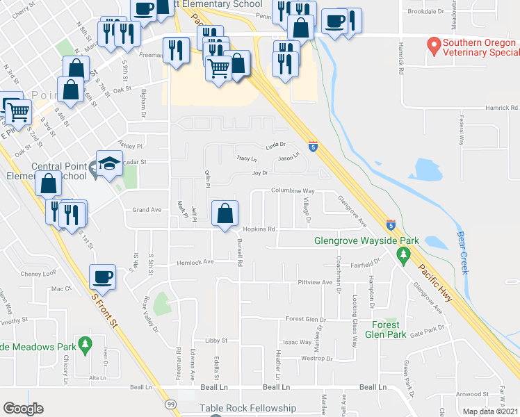 map of restaurants, bars, coffee shops, grocery stores, and more near 533 Countryside Drive in Central Point