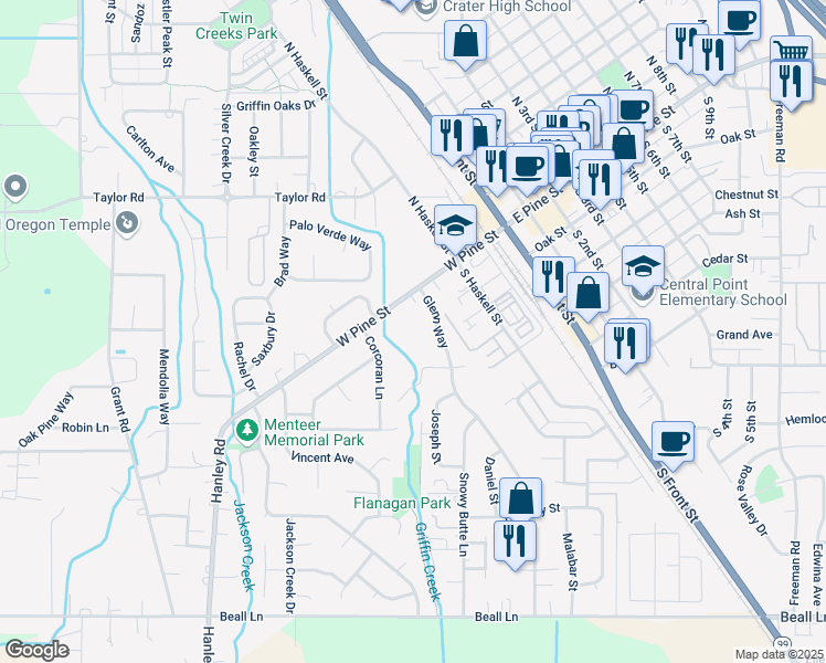 map of restaurants, bars, coffee shops, grocery stores, and more near 345 West Pine Street in Central Point