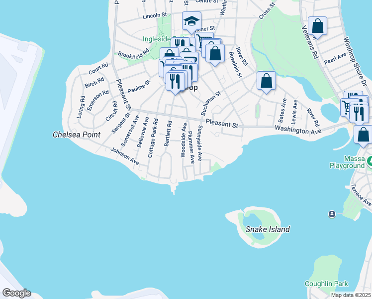 map of restaurants, bars, coffee shops, grocery stores, and more near 212 Woodside Avenue in Winthrop