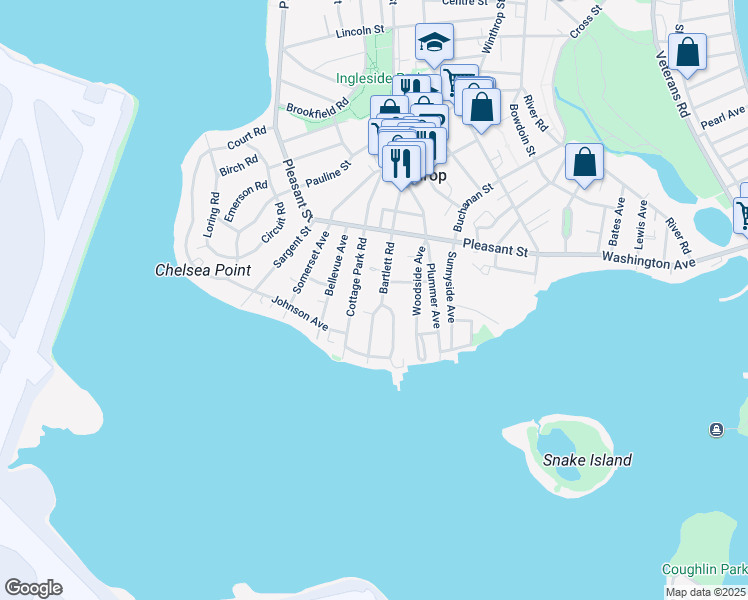 map of restaurants, bars, coffee shops, grocery stores, and more near 19 Orlando Avenue in Winthrop