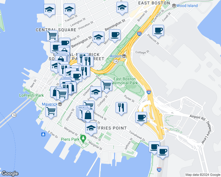 map of restaurants, bars, coffee shops, grocery stores, and more near 194 Cottage Street in Boston