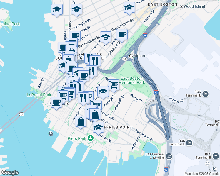 map of restaurants, bars, coffee shops, grocery stores, and more near 65 Frankfort Street in Boston