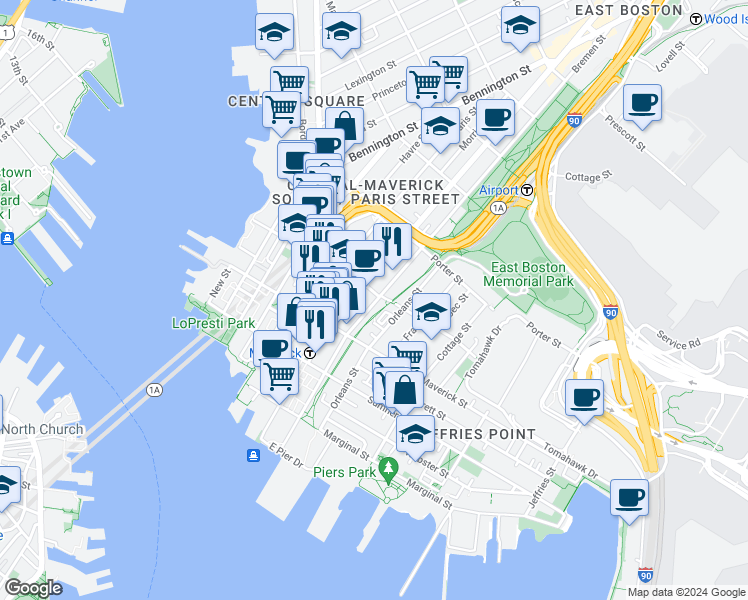 map of restaurants, bars, coffee shops, grocery stores, and more near 82 Bremen Street in Boston