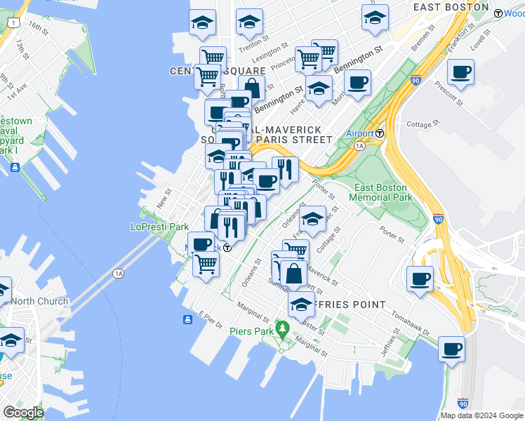 map of restaurants, bars, coffee shops, grocery stores, and more near 82 Bremen Street in Boston