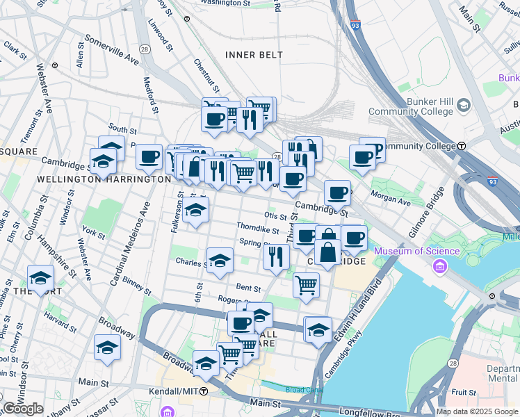 map of restaurants, bars, coffee shops, grocery stores, and more near in Cambridge