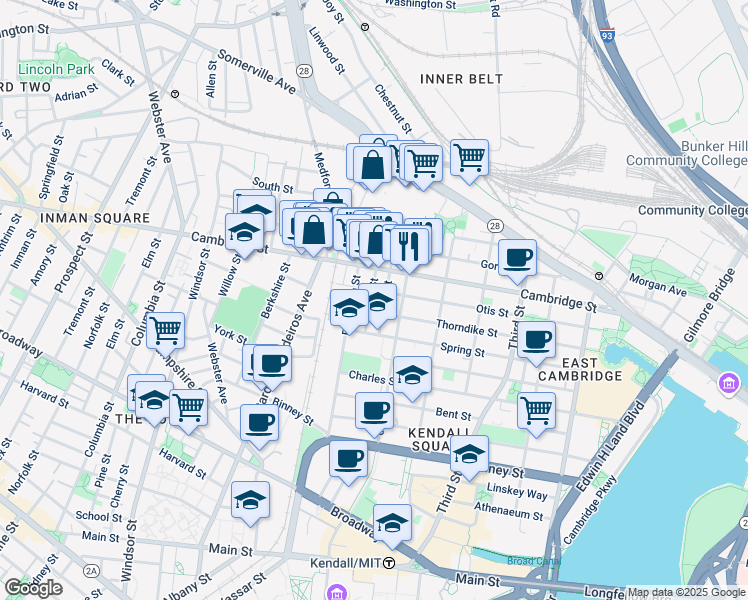 map of restaurants, bars, coffee shops, grocery stores, and more near 180 Thorndike Street in Cambridge