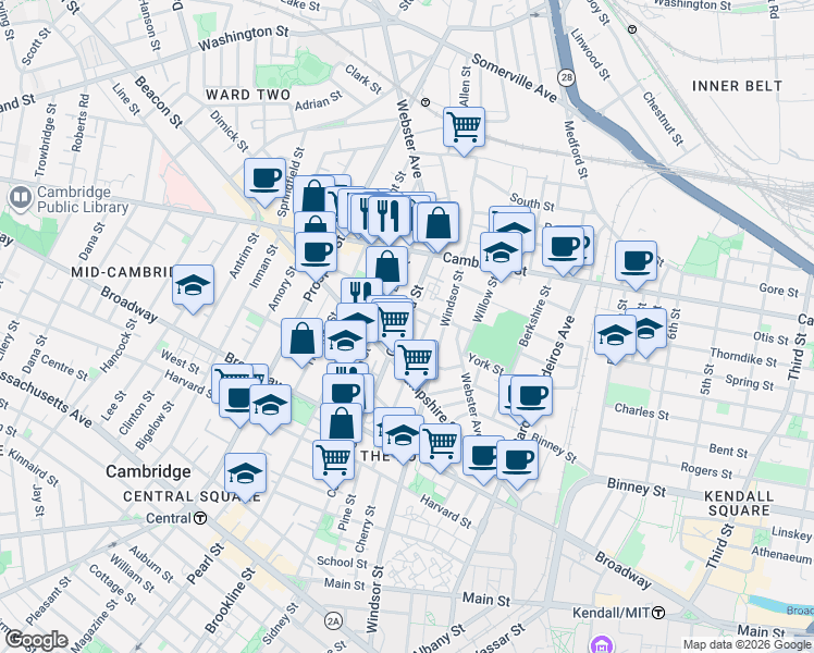 map of restaurants, bars, coffee shops, grocery stores, and more near 306 Columbia Street in Cambridge