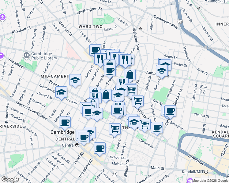 map of restaurants, bars, coffee shops, grocery stores, and more near 28 Tremont Street in Cambridge