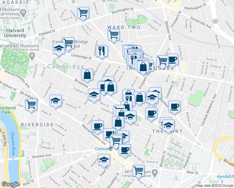 map of restaurants, bars, coffee shops, grocery stores, and more near 345 Broadway in Cambridge