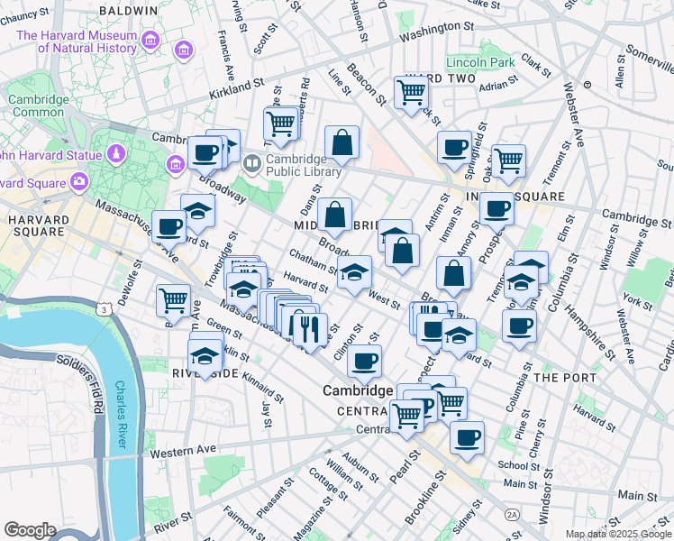 map of restaurants, bars, coffee shops, grocery stores, and more near 3 Hancock Park in Cambridge