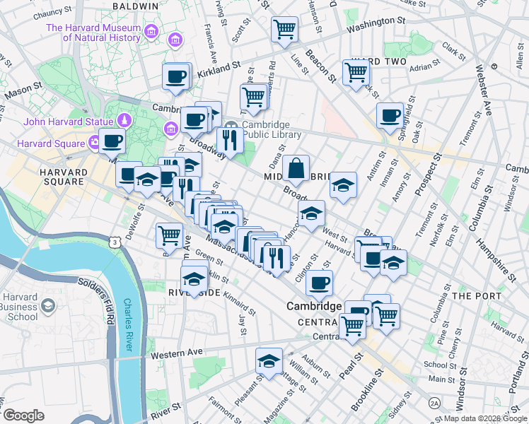 map of restaurants, bars, coffee shops, grocery stores, and more near 338 Harvard Street in Cambridge