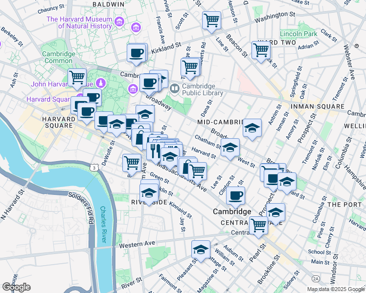 map of restaurants, bars, coffee shops, grocery stores, and more near 11H Dana Place in Cambridge