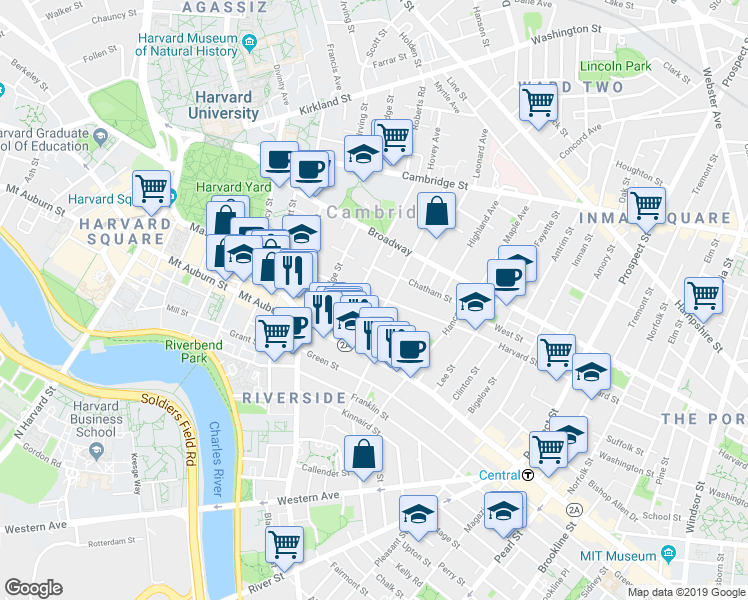 map of restaurants, bars, coffee shops, grocery stores, and more near 11H Dana Place in Cambridge