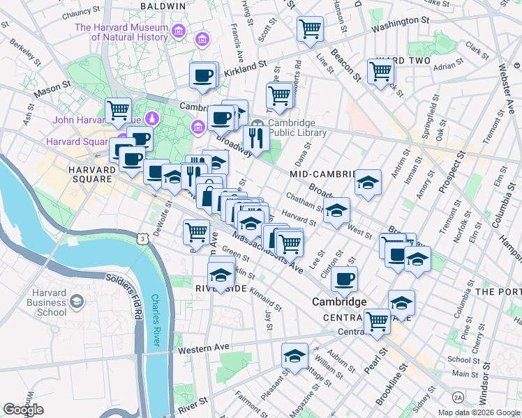 map of restaurants, bars, coffee shops, grocery stores, and more near 11H Dana Place in Cambridge