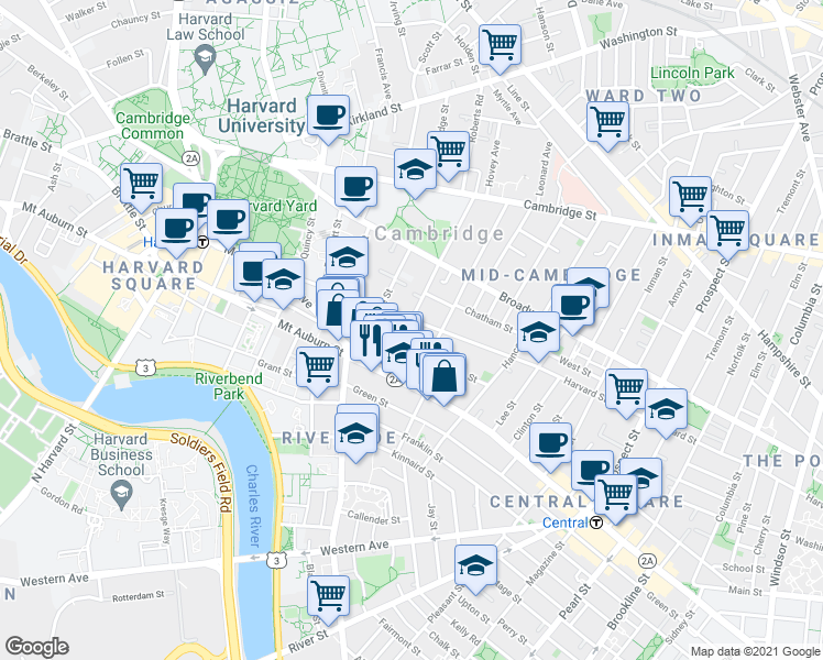 map of restaurants, bars, coffee shops, grocery stores, and more near 11H Dana Place in Cambridge