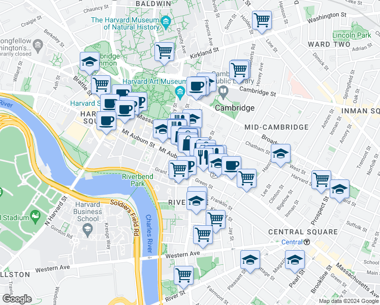 map of restaurants, bars, coffee shops, grocery stores, and more near 1090-1100 Massachusetts Avenue in Cambridge