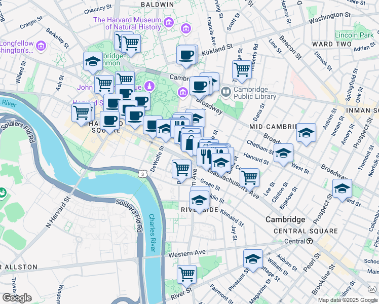 map of restaurants, bars, coffee shops, grocery stores, and more near 1090-1100 Massachusetts Avenue in Cambridge