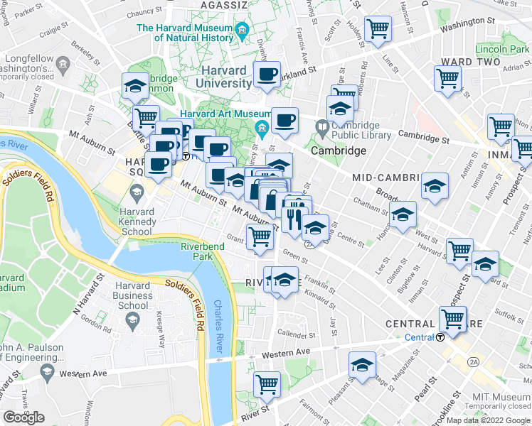 map of restaurants, bars, coffee shops, grocery stores, and more near 1090-1100 Massachusetts Avenue in Cambridge