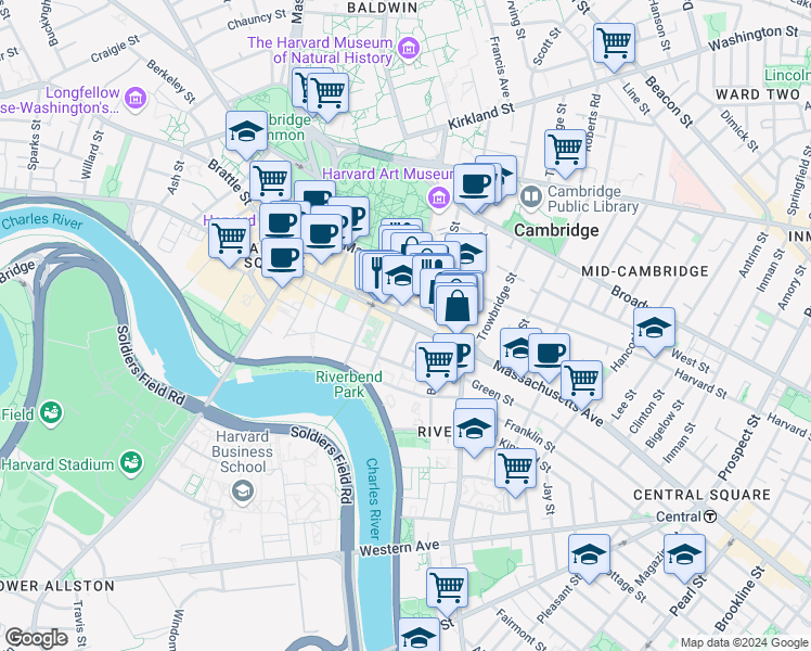 map of restaurants, bars, coffee shops, grocery stores, and more near 18 Mount Auburn Street in Cambridge