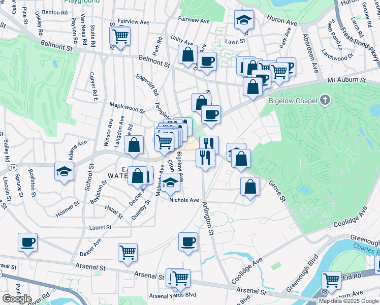 map of restaurants, bars, coffee shops, grocery stores, and more near 21 Merrifield Avenue in Watertown
