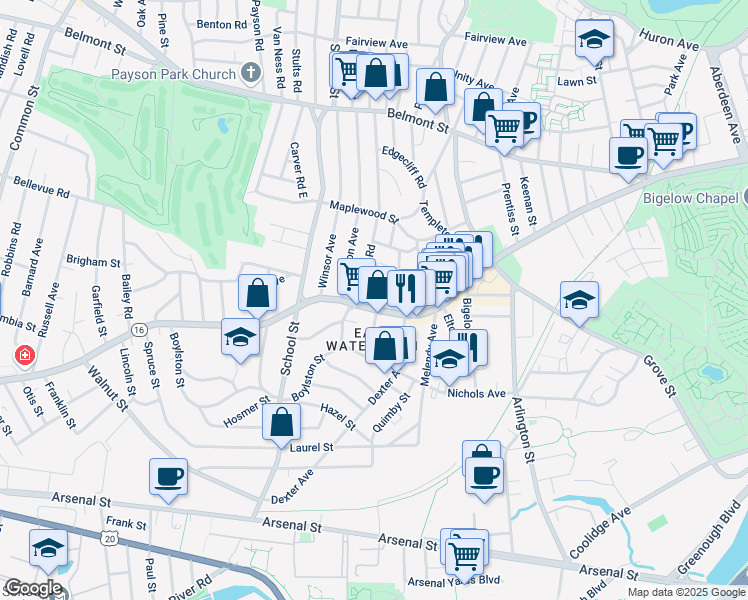map of restaurants, bars, coffee shops, grocery stores, and more near in Watertown