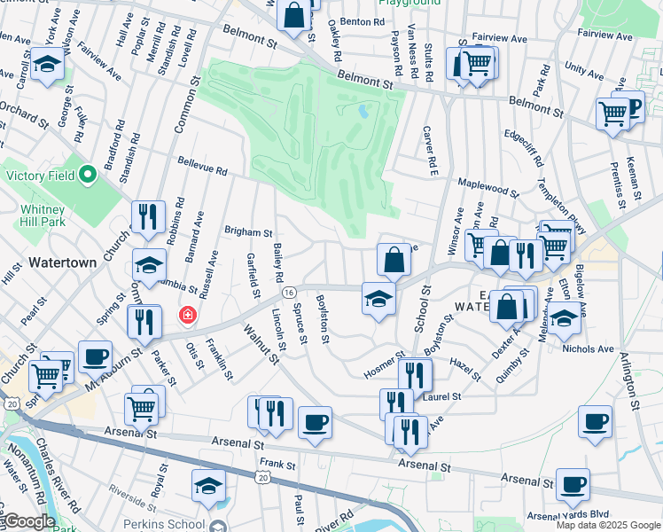 map of restaurants, bars, coffee shops, grocery stores, and more near 16 Stearns Road in Watertown
