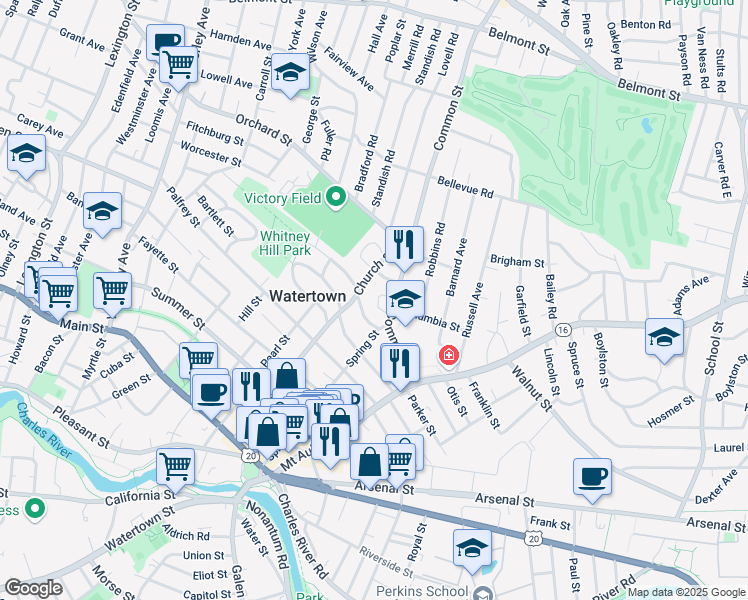 map of restaurants, bars, coffee shops, grocery stores, and more near 3 Middlesex Road in Watertown
