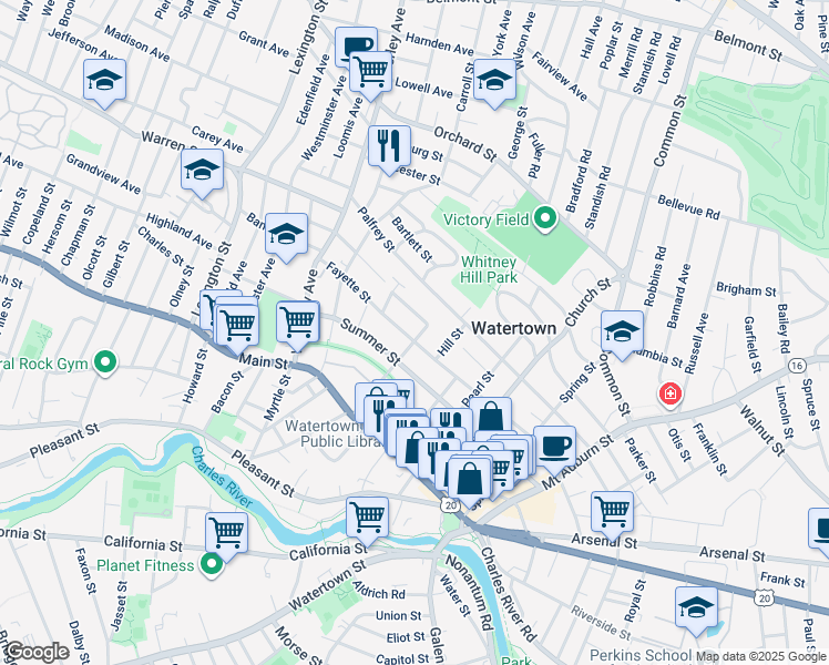 map of restaurants, bars, coffee shops, grocery stores, and more near 114 Fayette Street in Watertown