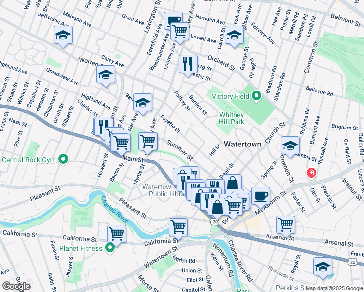 map of restaurants, bars, coffee shops, grocery stores, and more near 188 Summer Street in Watertown