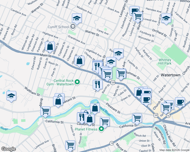 map of restaurants, bars, coffee shops, grocery stores, and more near 12 Oakland Street in Watertown