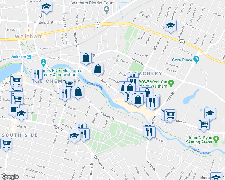 map of restaurants, bars, coffee shops, grocery stores, and more near 176 River Street in Waltham
