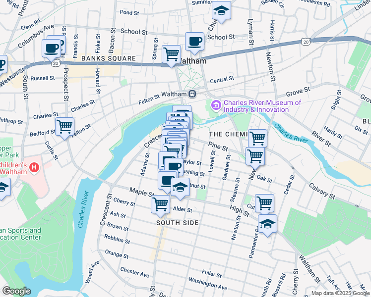 map of restaurants, bars, coffee shops, grocery stores, and more near 366 Moody Street in Waltham