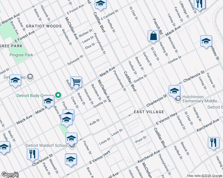 map of restaurants, bars, coffee shops, grocery stores, and more near 9337 Goethe Street in Detroit