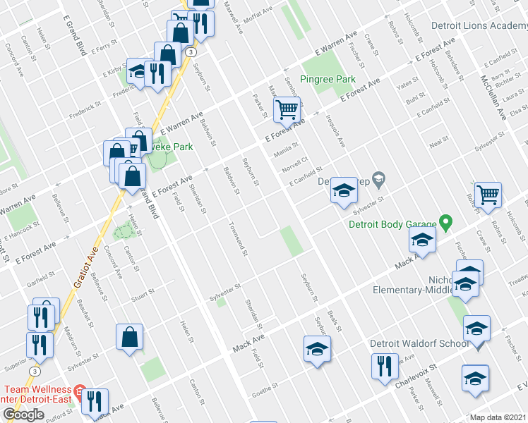 map of restaurants, bars, coffee shops, grocery stores, and more near 4064 Baldwin Street in Detroit