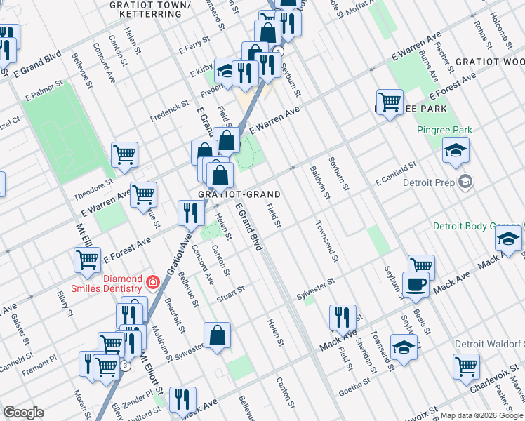 map of restaurants, bars, coffee shops, grocery stores, and more near 4455 Field Street in Detroit