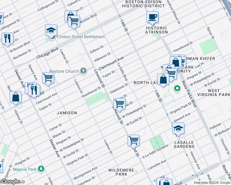 map of restaurants, bars, coffee shops, grocery stores, and more near 2531 Gladstone Street in Detroit