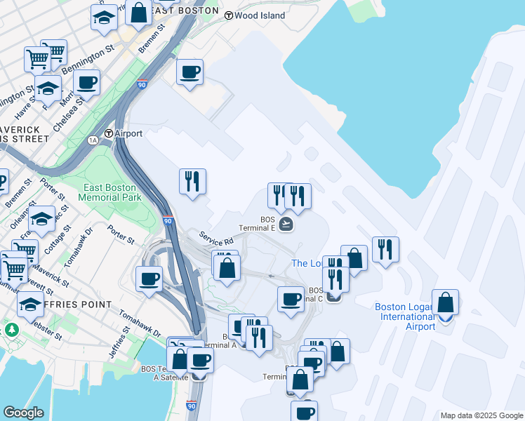 map of restaurants, bars, coffee shops, grocery stores, and more near Terminal East in Boston
