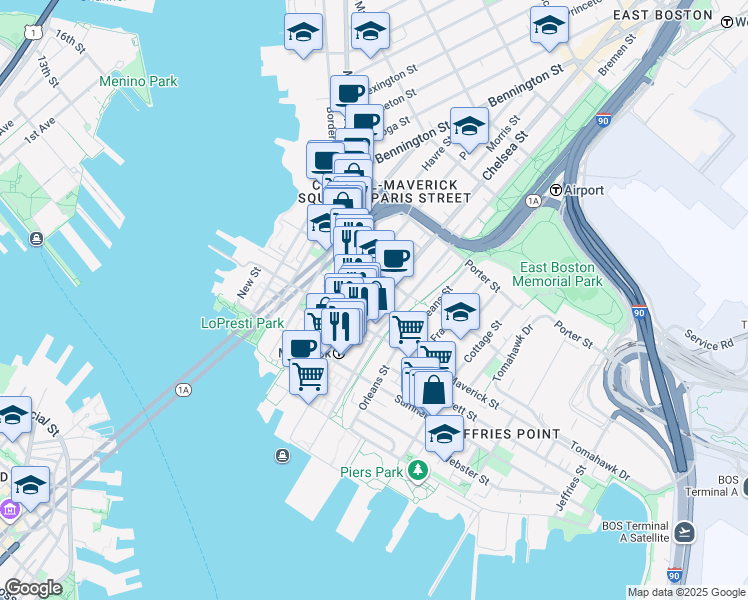 map of restaurants, bars, coffee shops, grocery stores, and more near in Boston