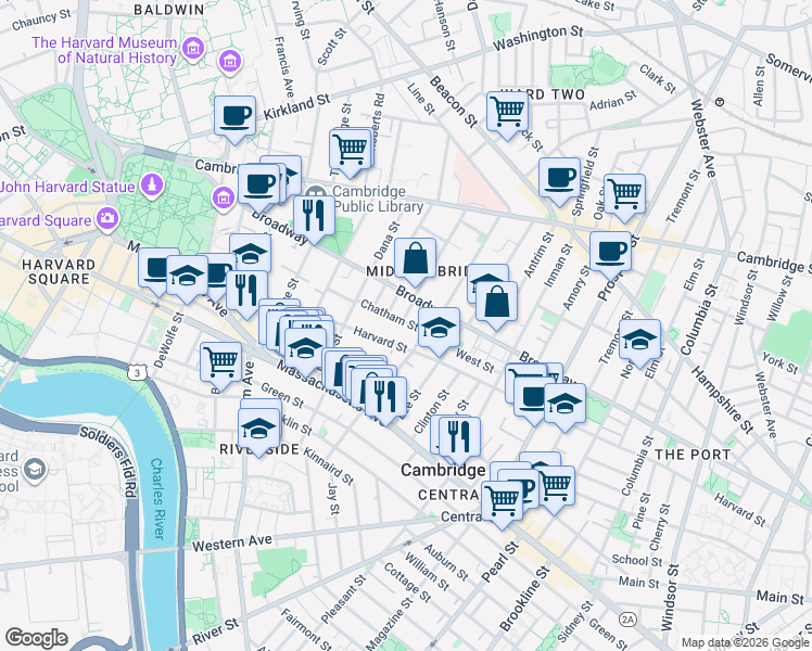 map of restaurants, bars, coffee shops, grocery stores, and more near 321 Harvard Street in Cambridge