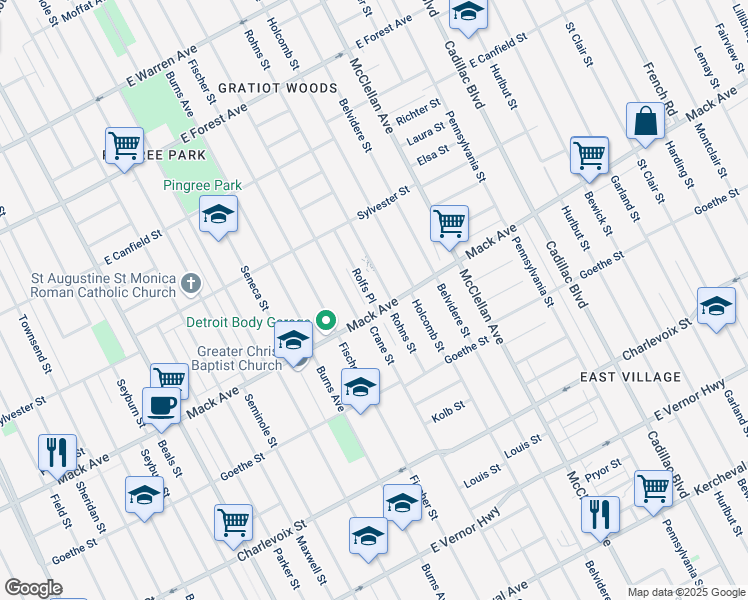 map of restaurants, bars, coffee shops, grocery stores, and more near 8821 Mack Avenue in Detroit